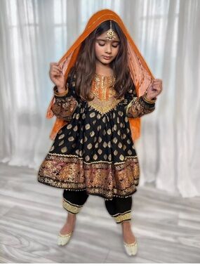 Girls Black & Orange Traditional Embroidered dress Pakistani Indian wedding